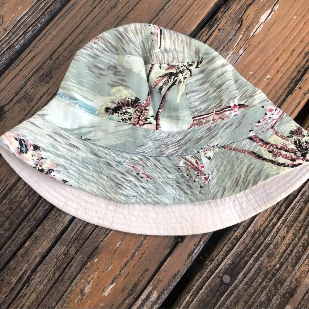 Hawaiian Luau Floral Hat Pool Sunhat Bucket Palm Tree Ocean Cotton Vintage 90s - Picture 5 of 8